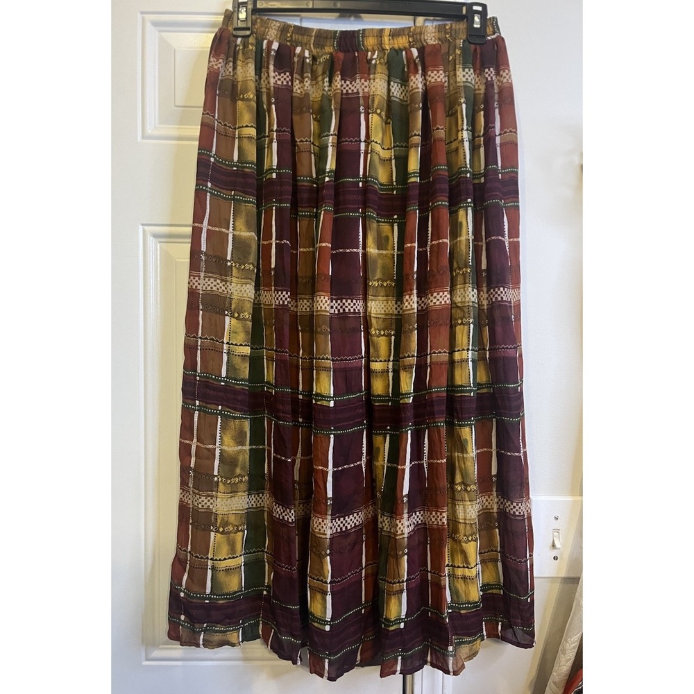 Vintage 90s Kathie Lee Sheer Plaid Maxi Skirt Womens Medium Earthy Boho Whimsy